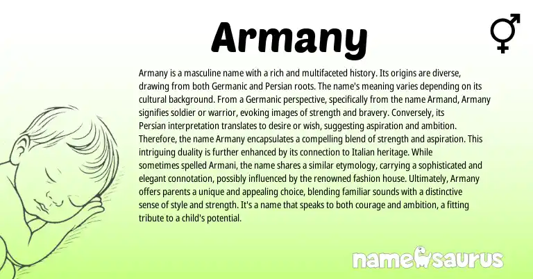 Infographic about Armany name meaning, Armany is a name from Germanic, Persian origin(s).
