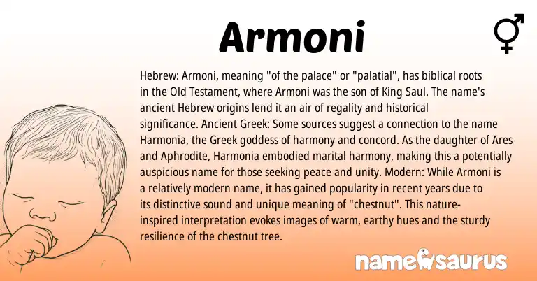 Infographic about Armoni name meaning, Armoni is a name from Ancient Greek, Modern, Hebrew, Greek origin(s).