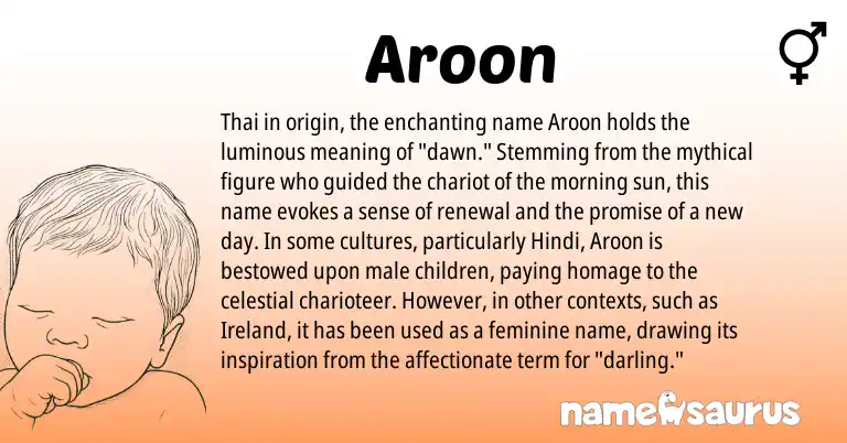 Infographic about Aroon name meaning, Aroon is a name from Ireland, Thai, Hindi origin(s).