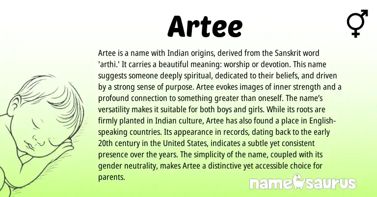 Infographic about Artee name meaning, Artee is a name from Indian, Sanskrit origin(s).