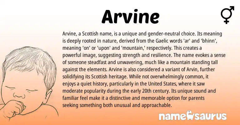 Infographic about Arvine name meaning, Arvine is a name from Scottish, Gaelic, American origin(s).