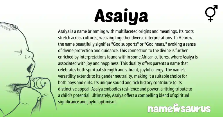 Infographic about Asaiya name meaning, Asaiya is a name from African, Hebrew origin(s).