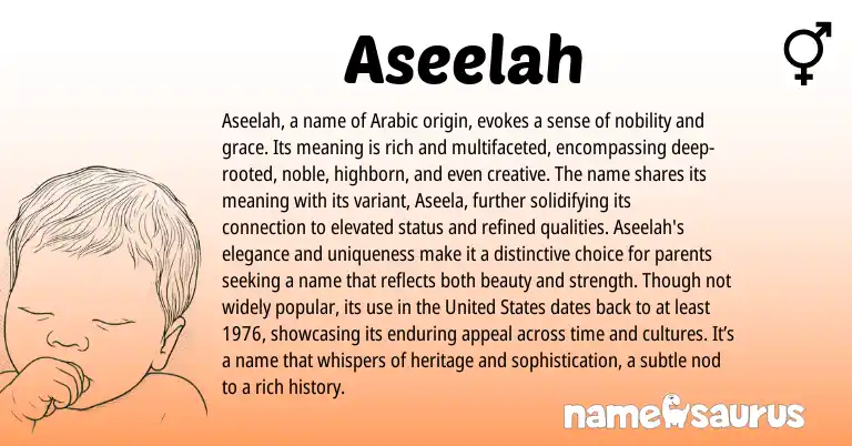 Infographic about Aseelah name meaning, Aseelah is a name from Arabic, Other origin(s).