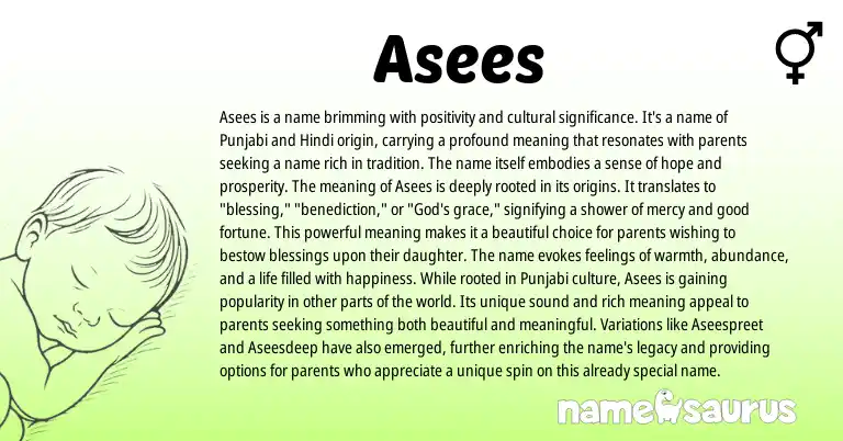 Infographic about Asees name meaning, Asees is a name from Arabic, Punjabi, Hindi origin(s).