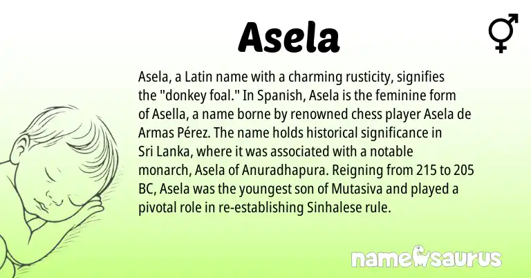 Infographic about Asela name meaning, Asela is a name from Sri Lanka, Spanish, Sinhalese, Latin origin(s).