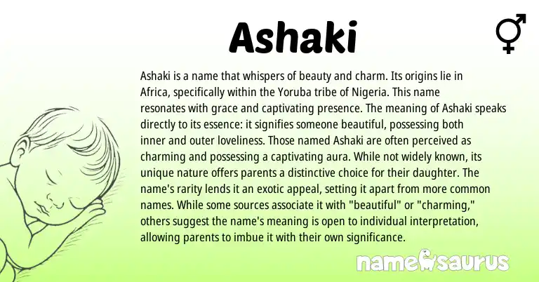 Infographic about Ashaki name meaning, Ashaki is a name from African, Yoruba, Nigerian origin(s).