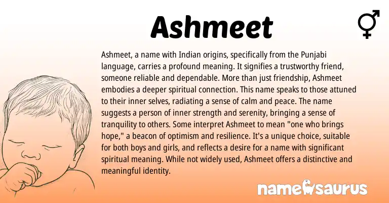Infographic about Ashmeet name meaning, Ashmeet is a name from Indian, Sikh origin(s).