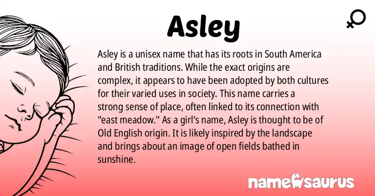 Infographic about Asley name meaning, Asley is a name from South American, British origin(s).