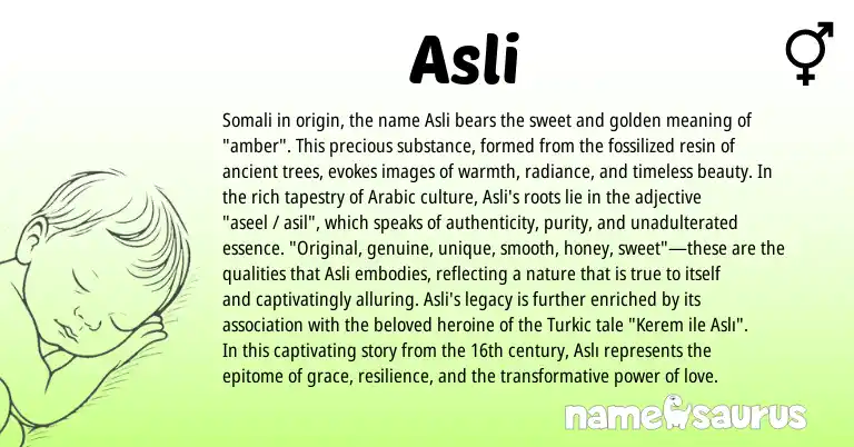 Infographic about Asli name meaning, Asli is a name from Somali, Arabic origin(s).