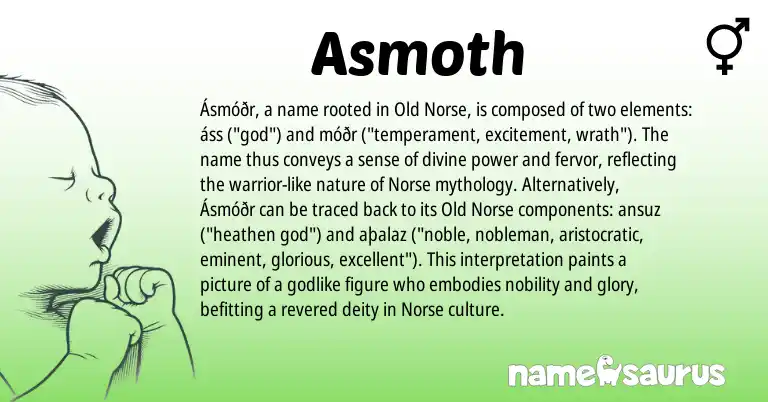 Infographic about Asmoth name meaning, Asmoth is a name from Old Norse, Norse origin(s).