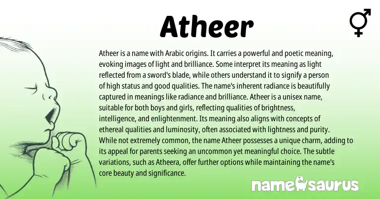 Infographic about Atheer name meaning, Atheer is a name from Arabic origin(s).