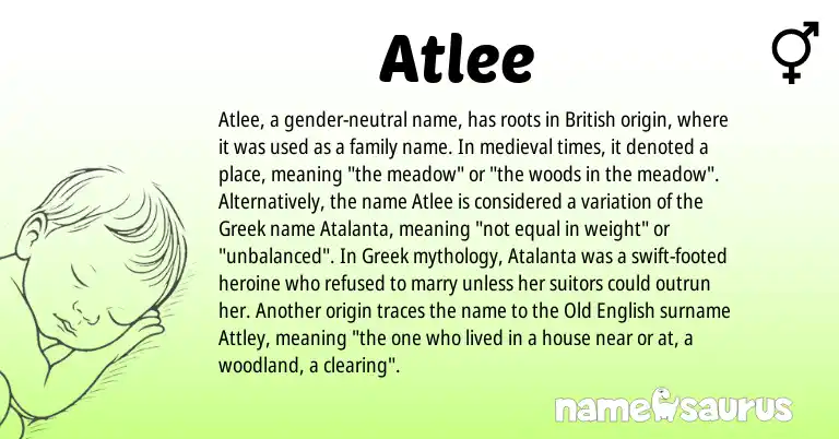 Infographic about Atlee name meaning, Atlee is a name from Old English, British, Greek origin(s).