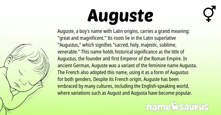 Infographic about Auguste name meaning, Auguste is a name from English, French, Roman, Latin, German origin(s).