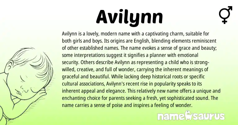 Infographic about Avilynn name meaning, Avilynn is a name from English origin(s).