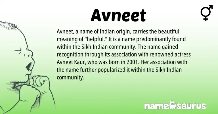 Infographic about Avneet name meaning, Avneet is a name from Sikh, Indian origin(s).
