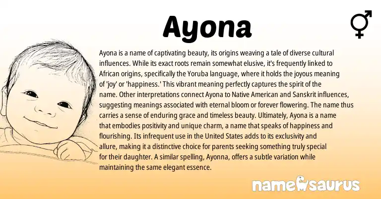 Infographic about Ayona name meaning, Ayona is a name from Indian, Yoruba, African origin(s).