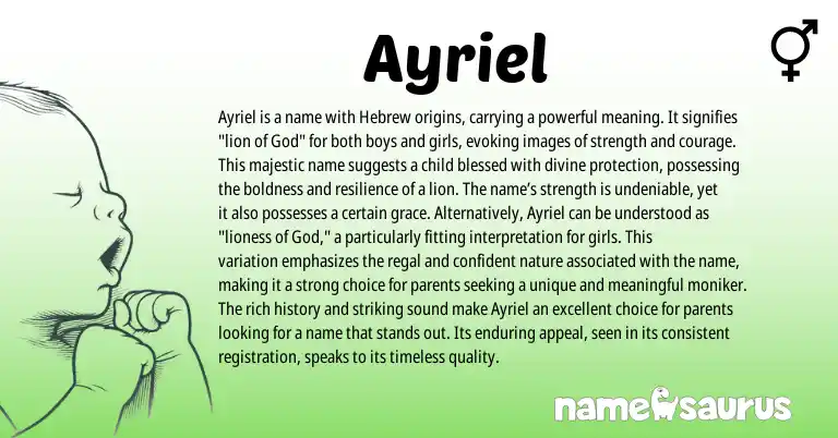 Infographic about Ayriel name meaning, Ayriel is a name from Hebrew origin(s).
