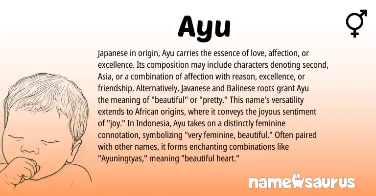Infographic about Ayu name meaning, Ayu is a name from Javanese, African, Japanese, Balinese origin(s).