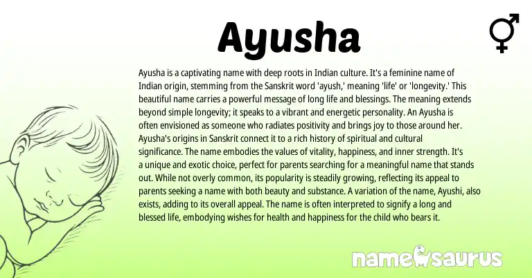 Infographic about Ayusha name meaning, Ayusha is a name from Indian, Sanskrit, Arabic origin(s).