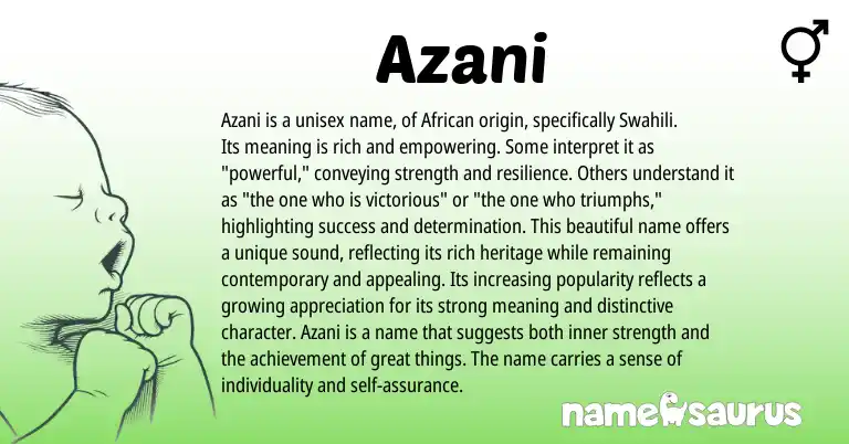 Infographic about Azani name meaning, Azani is a name from African, Hebrew, Swahili origin(s).