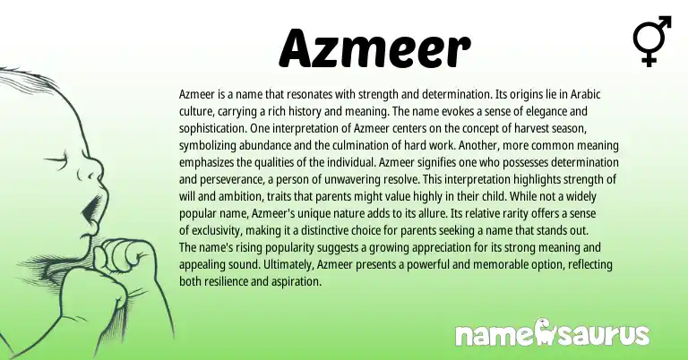 Infographic about Azmeer name meaning, Azmeer is a name from Arabic origin(s).