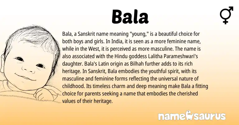 Infographic about Bala name meaning, Bala is a name from Sanskrit, Latin, Hindu origin(s).