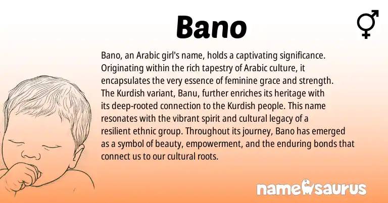 Infographic about Bano name meaning, Bano is a name from Arabic, Kurdish origin(s).