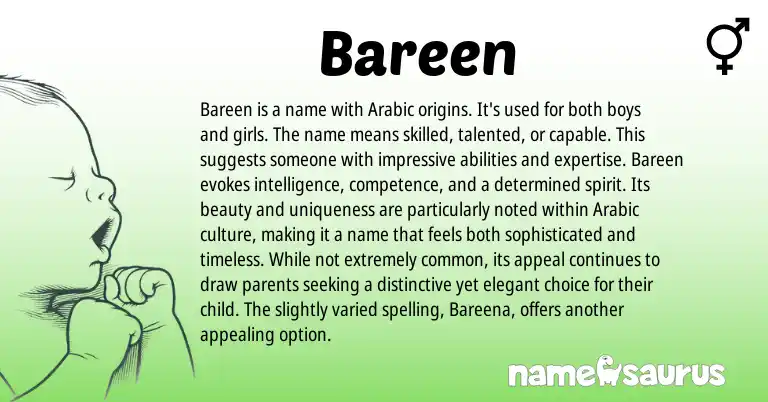 Infographic about Bareen name meaning, Bareen is a name from Arabic origin(s).