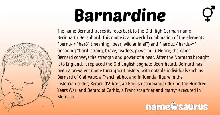Infographic about Barnardine name meaning, Barnardine is a name from Old High German, English, England, French, Morocco, Old English origin(s).