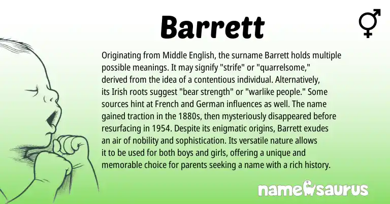 Infographic about Barrett name meaning, Barrett is a name from Middle English, German, French, Irish origin(s).