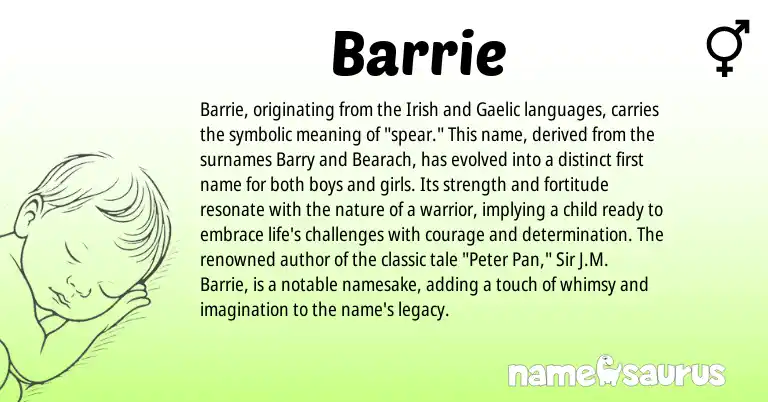 Infographic about Barrie name meaning, Barrie is a name from Irish, Gaelic origin(s).