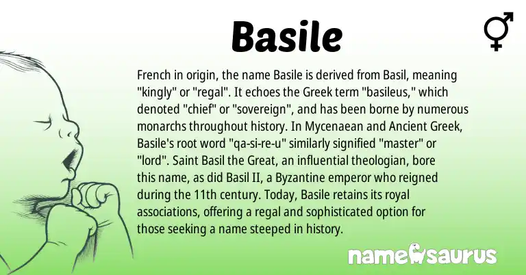 Infographic about Basile name meaning, Basile is a name from Ancient Greek, French, Greek origin(s).