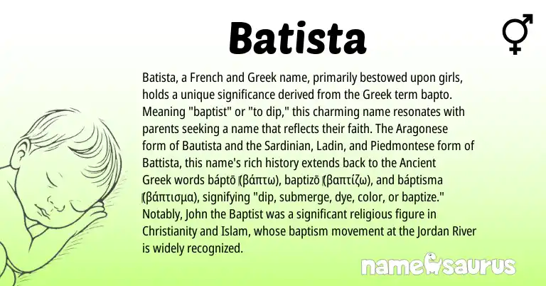Infographic about Batista name meaning, Batista is a name from Ancient Greek, Christianity, Aragonese, Ladin, French, Greek, Piedmontese, Sardinian origin(s).
