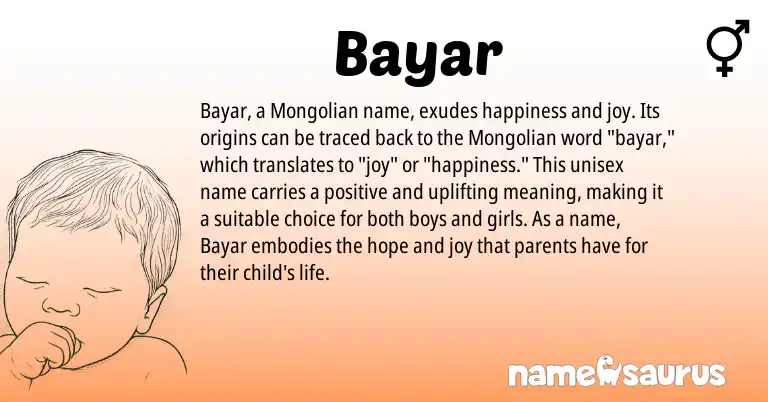 Infographic about Bayar name meaning, Bayar is a name from Mongolian origin(s).