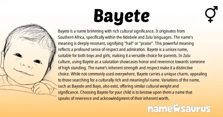 Infographic about Bayete name meaning, Bayete is a name from African, Ndebele origin(s).