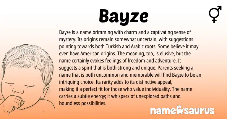 Infographic about Bayze name meaning, Bayze is a name from Turkish, Arabic origin(s).