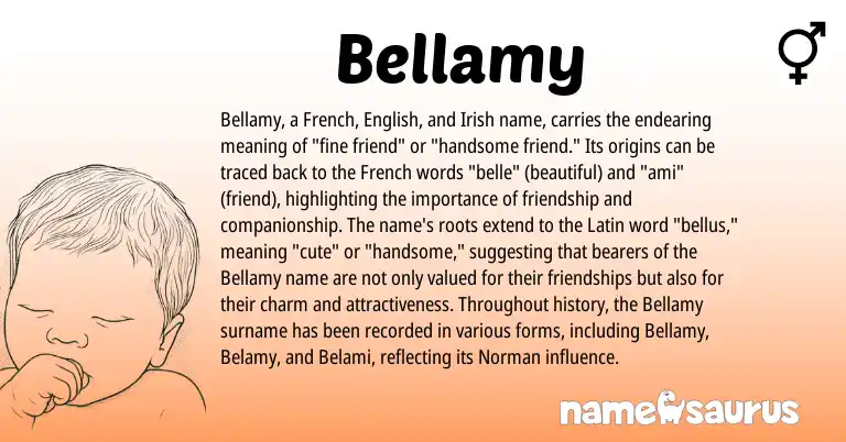 Infographic about Bellamy name meaning, Bellamy is a name from Irish, English, French, Latin, Norman origin(s).