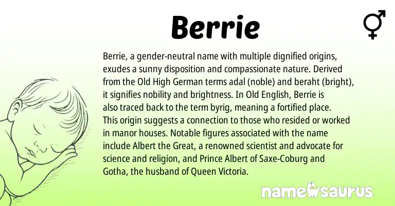 Infographic about Berrie name meaning, Berrie is a name from Old High German, Old English origin(s).
