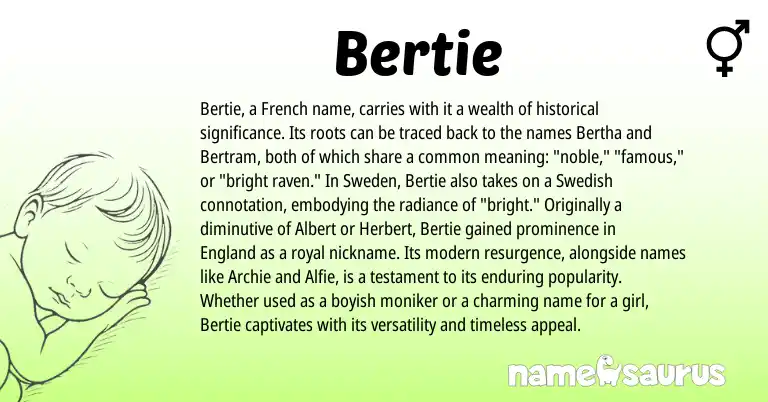 Infographic about Bertie name meaning, Bertie is a name from French, Swedish, England origin(s).