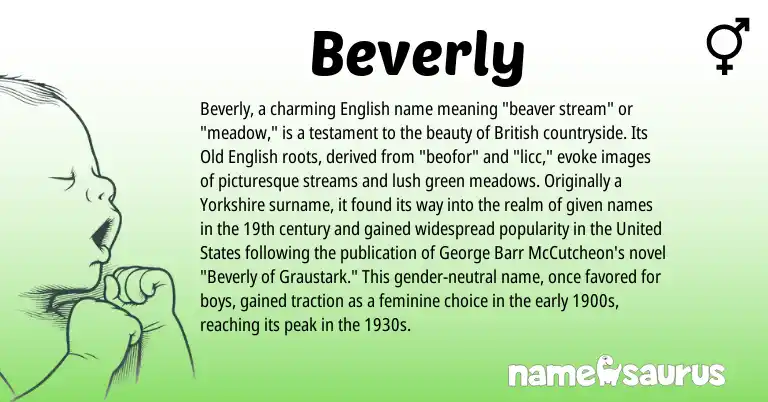 Infographic about Beverly name meaning, Beverly is a name from Old English, English, British, United States origin(s).