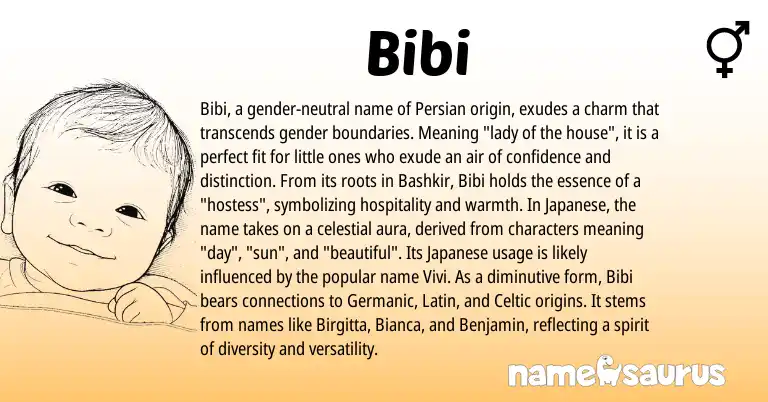 Infographic about Bibi name meaning, Bibi is a name from Japanese, Germanic, Latin, Persian, Celtic, Bashkir origin(s).