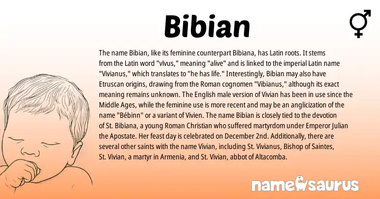 Infographic about Bibian name meaning, Bibian is a name from Etruscan, English, Roman, Latin origin(s).