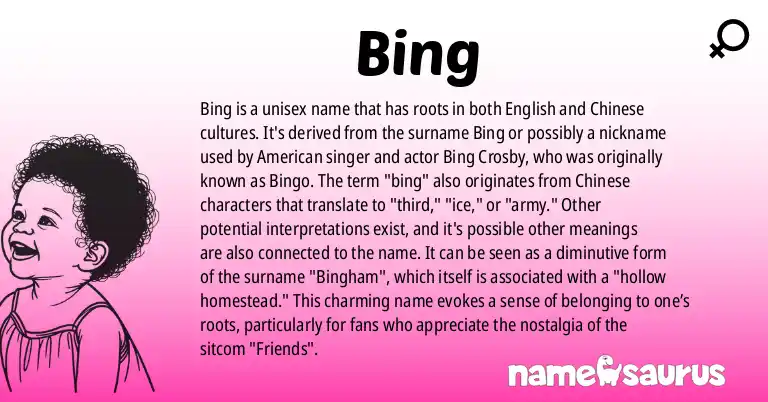 Infographic about Bing name meaning, Bing is a name from English, Chinese, Zhuang, Filipino origin(s).