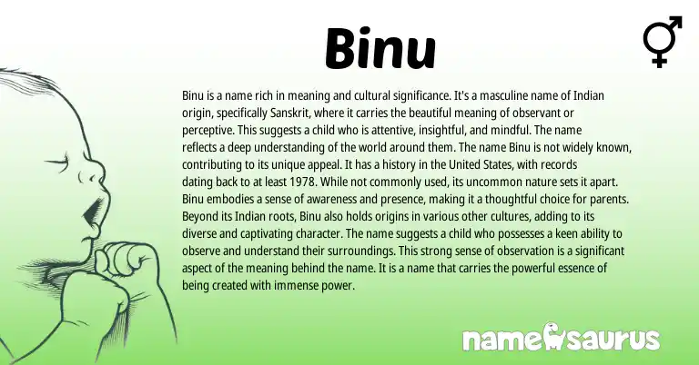 Infographic about Binu name meaning, Binu is a name from Indian, Sanskrit origin(s).