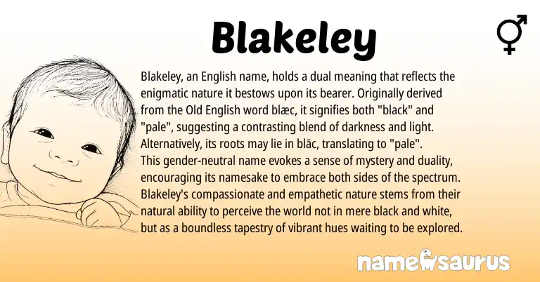 Infographic about Blakeley name meaning, Blakeley is a name from Old English, English origin(s).