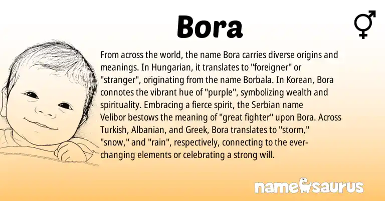 Infographic about Bora name meaning, Bora is a name from Albanian, Turkish, Korean, Hungarian, Greek, Serbian origin(s).