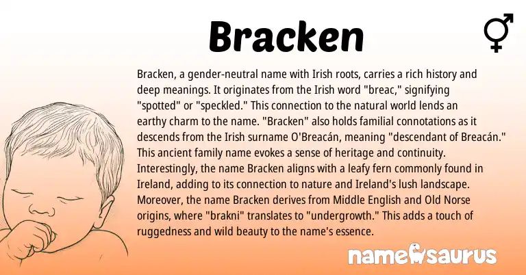 Infographic about Bracken name meaning, Bracken is a name from Irish, Old Norse, Ireland, Middle English origin(s).