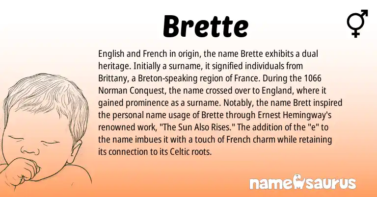 Infographic about Brette name meaning, Brette is a name from Breton, English, England, French, Celtic, Norman origin(s).
