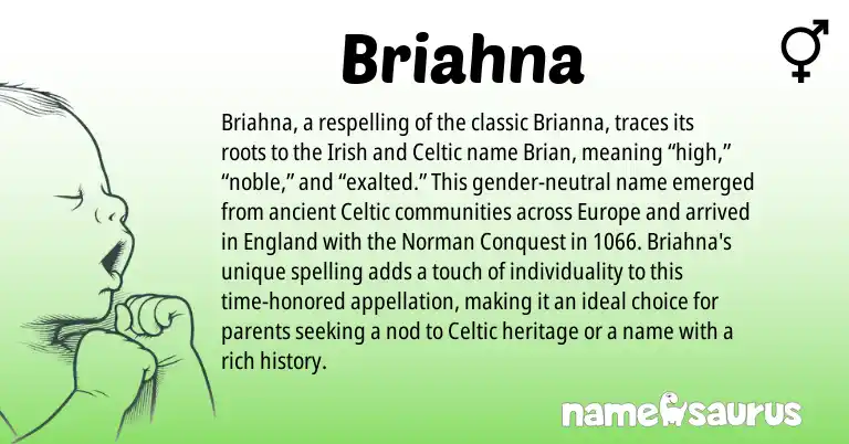 Infographic about Briahna name meaning, Briahna is a name from Irish, Norman, Celtic, England origin(s).