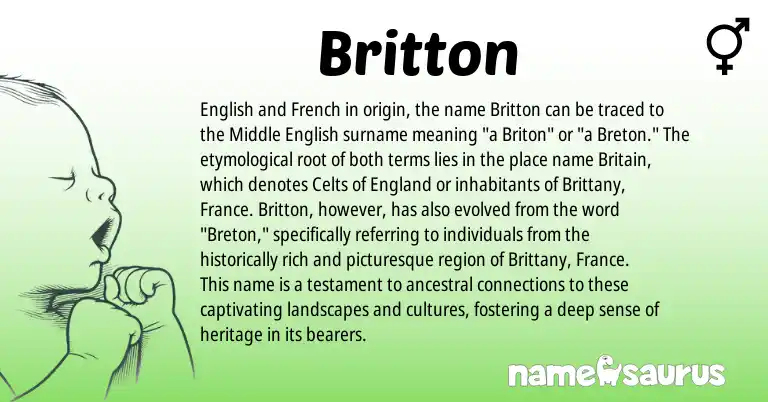 Infographic about Britton name meaning, Britton is a name from Breton, English, England, French, Middle English origin(s).